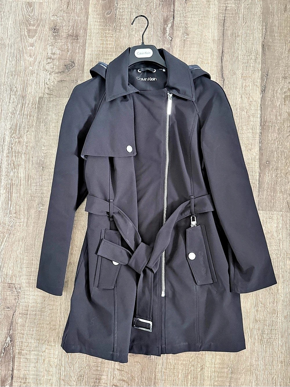 Calvin Klein Asymmetrical Belted Hooded Raincoat Black Size L